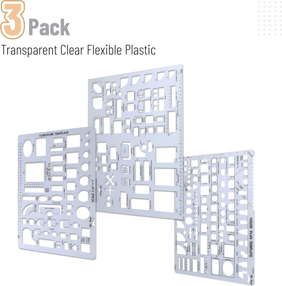 3-Pc Architect Drafting Templates Set: House, Furniture & Kitchen Design Tools