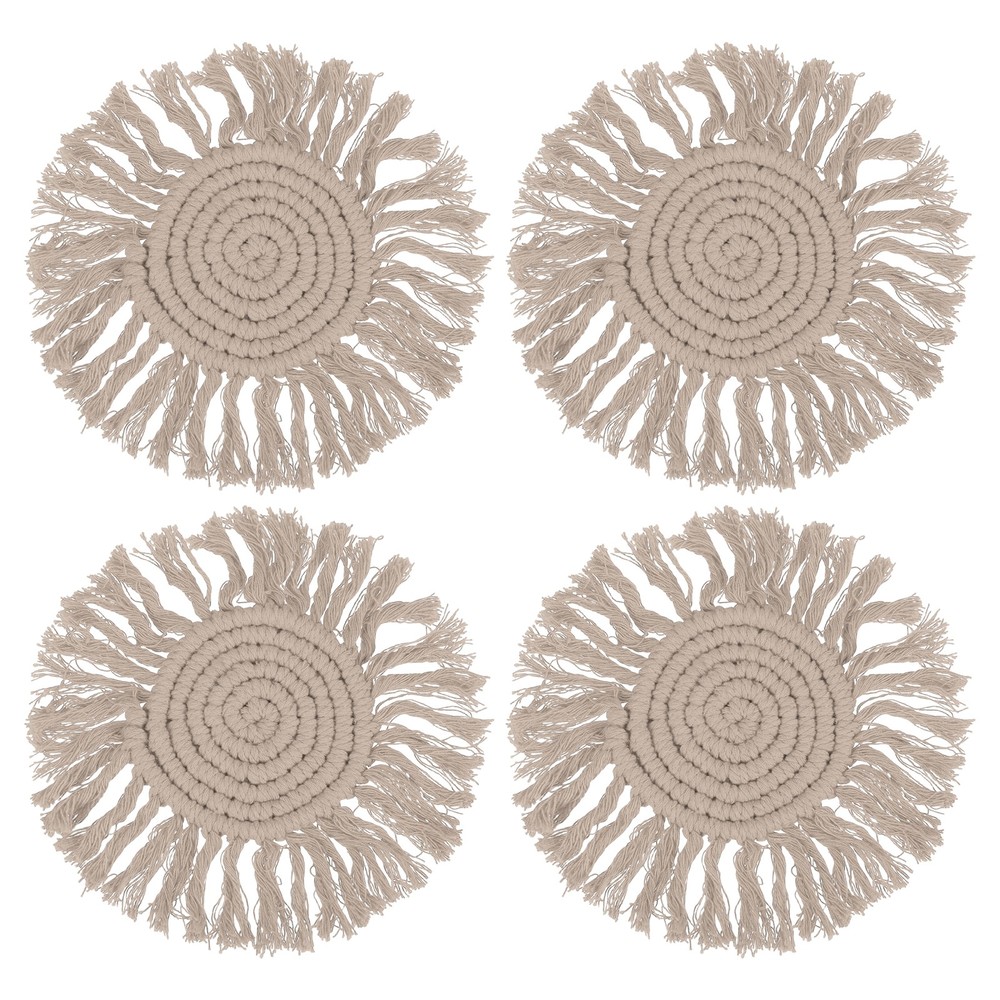 4Pcs Boho Coasters, Woven Drink Coasters with Tassel, Khaki