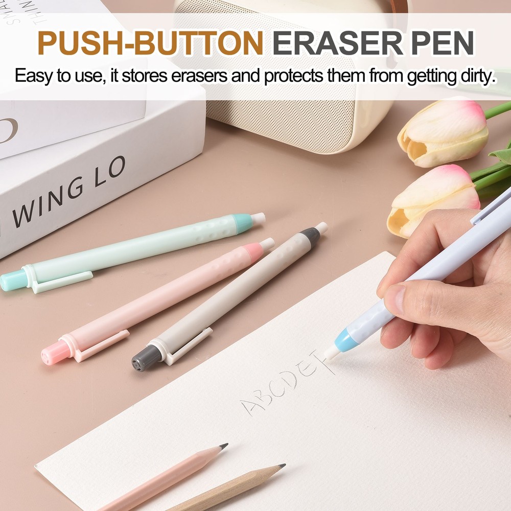 2+6Pcs Retractable Eraser Pen with 6Replacement Refill, Light Blue/Light Gray
