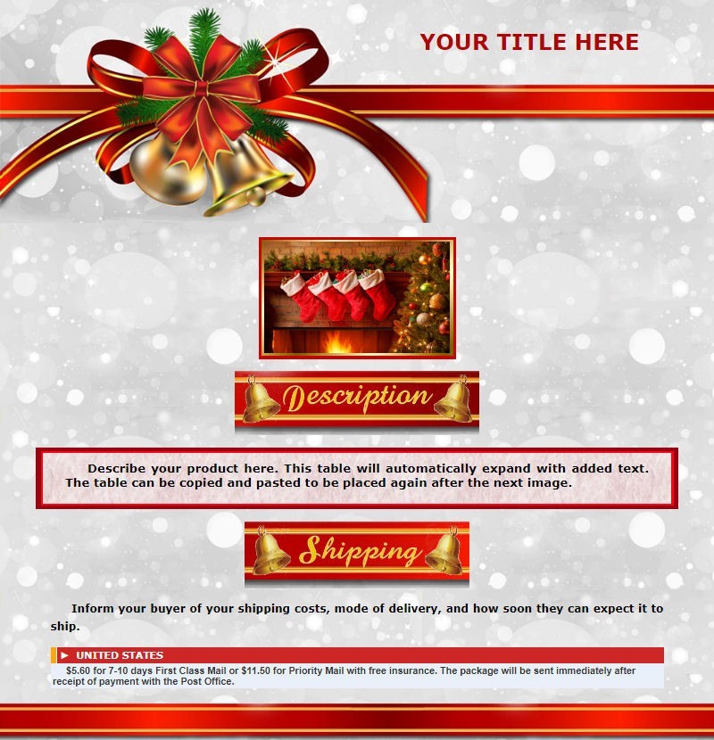 AUCTION TEMPLATE Christmas Bow Bells Design - FREE Email Shipping
