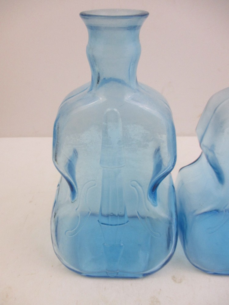 PAIR(2) BLUE GLASS BOTTLE - EMBOSSED CELLO PATTERN - 7 5/8" TALL(DFU8)