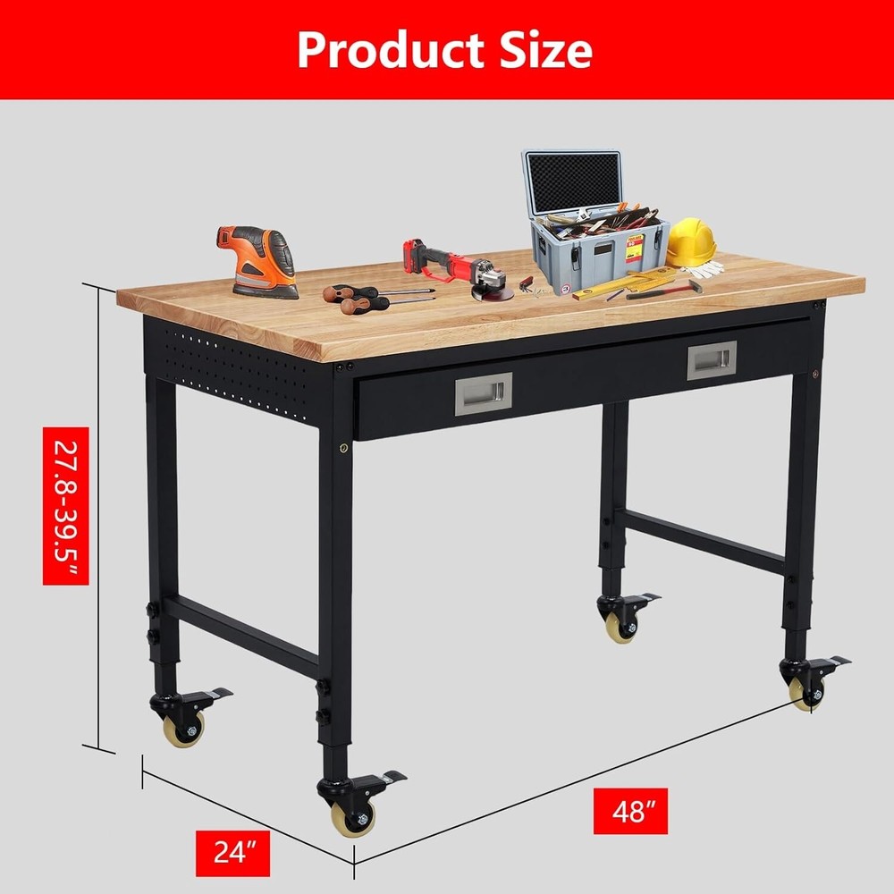 48" Adjustable Workbench with Drawer 4 Wheels for Garage Worktable 2000lbs