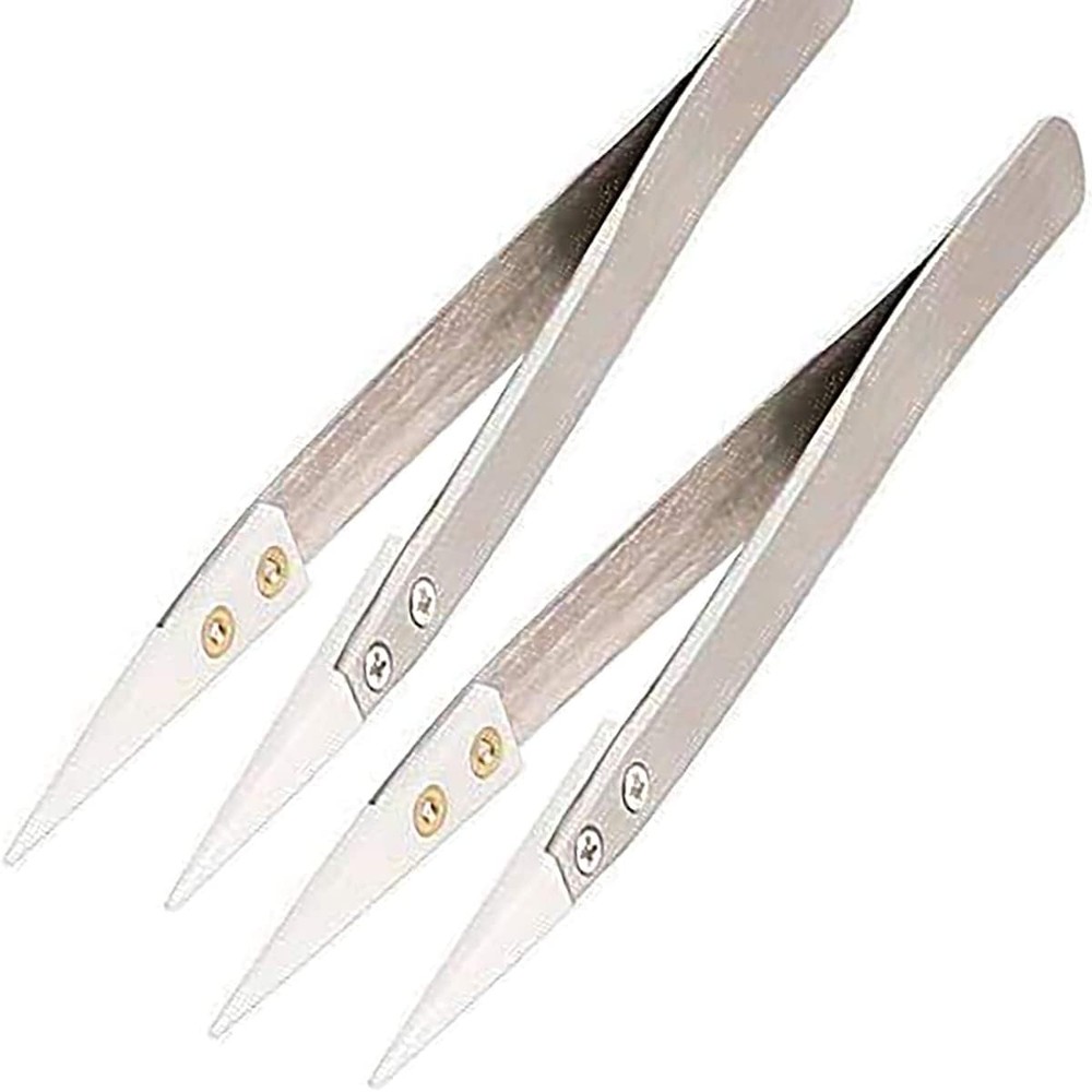 2 Pack Precision Ceramic tweezers Non-Conductive Anti-Static 2 Silver