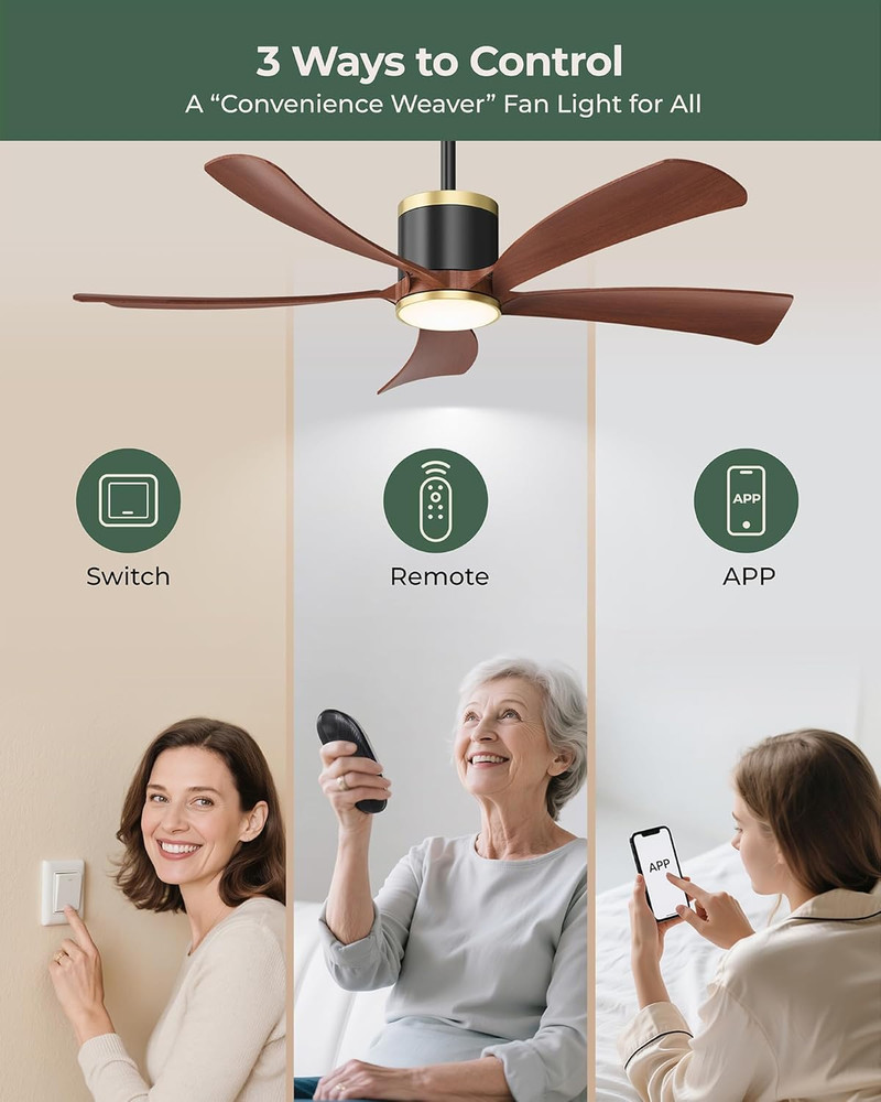 52" Walnut Ceiling Fan with Light, Remote, 6 Speeds, Energy Efficient