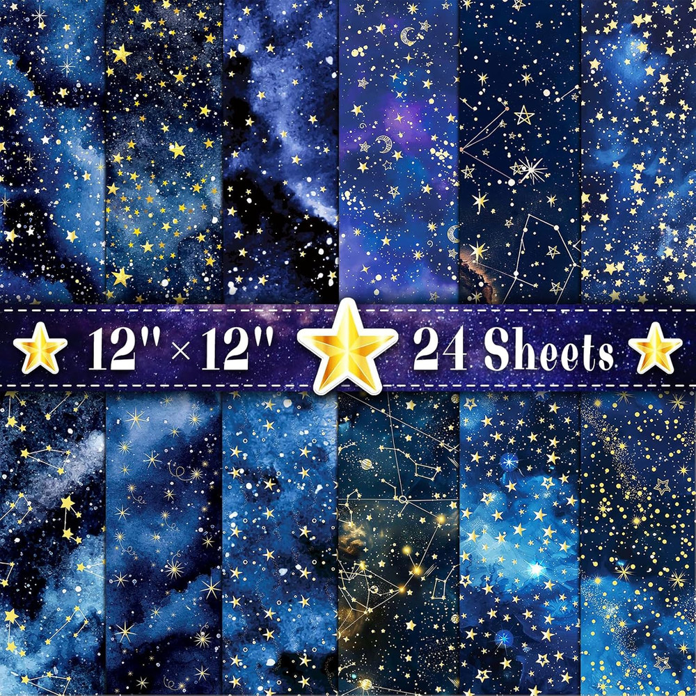 24 Sheets Galaxy Scrapbook Paper 12'' × 12'' Double-Sided Starry Sky Pattern Pap