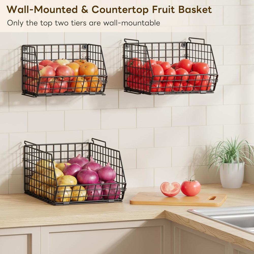 3-Tier Stackable Wire Baskets for Counter, Fruit and Vegetable Storage, Potat...