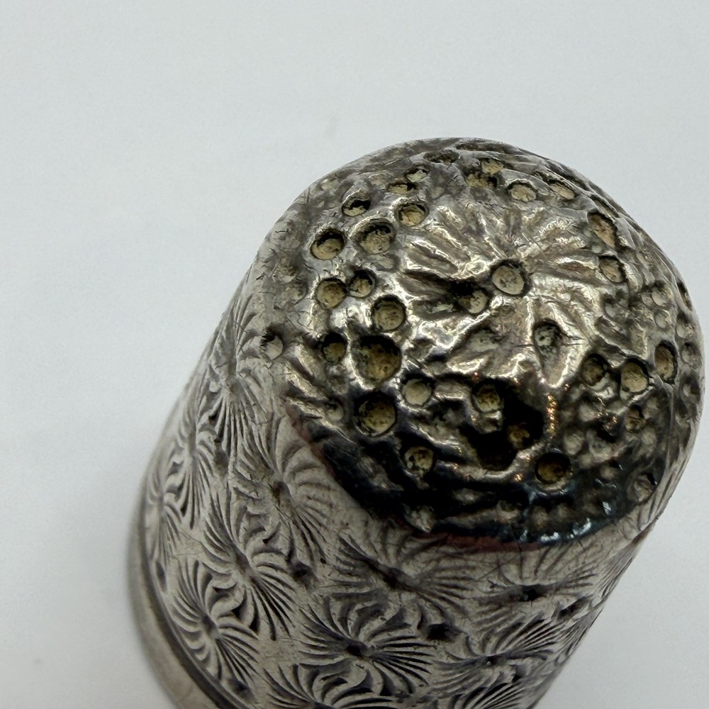 Antique Silver Sewing Thimble Floral Pattern Pierced Top Patented