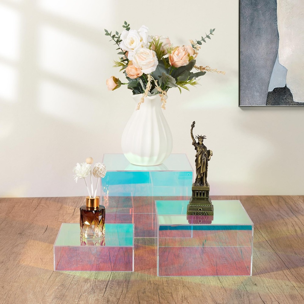 3Pcs Iridescent Risers Display Stands, Stackable Acrylic Cubes Display Box, N...