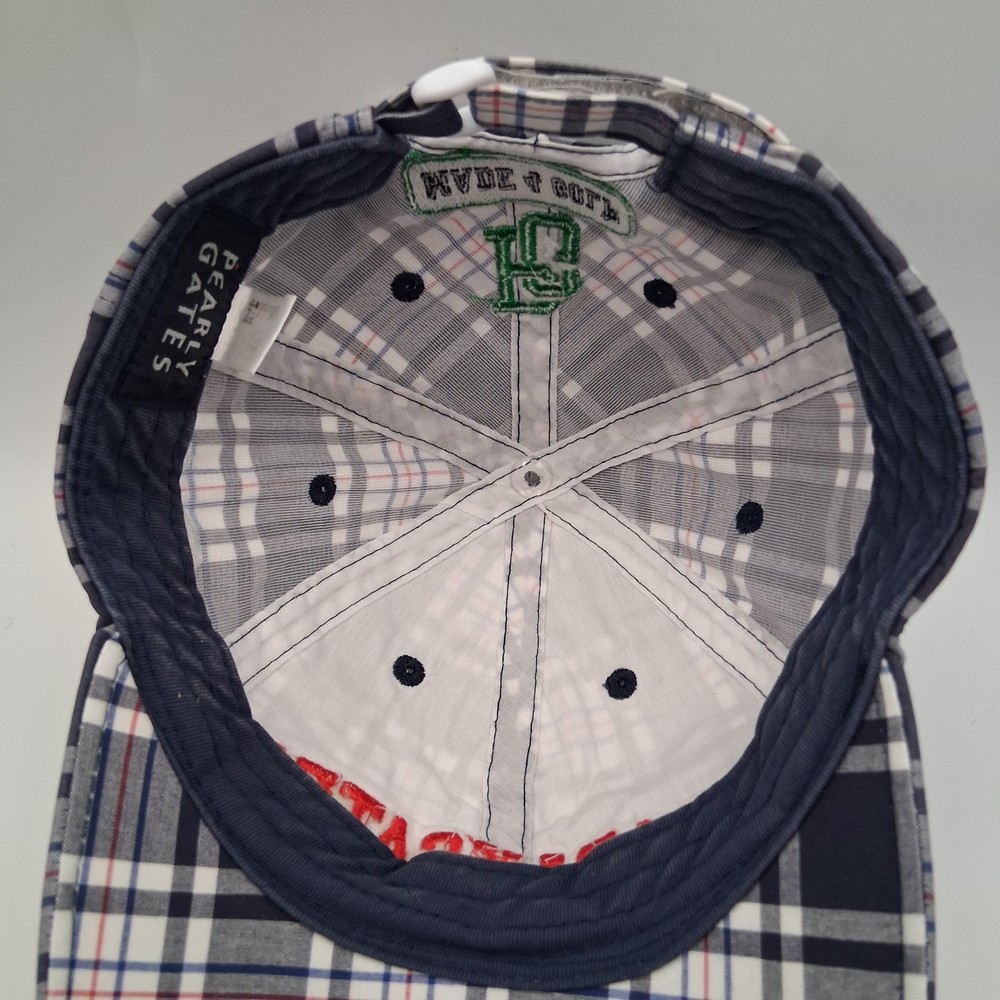 Pearly Gates Golf Hat Cap Strap Back Plaid Gray White Blue Red Script Shield 89