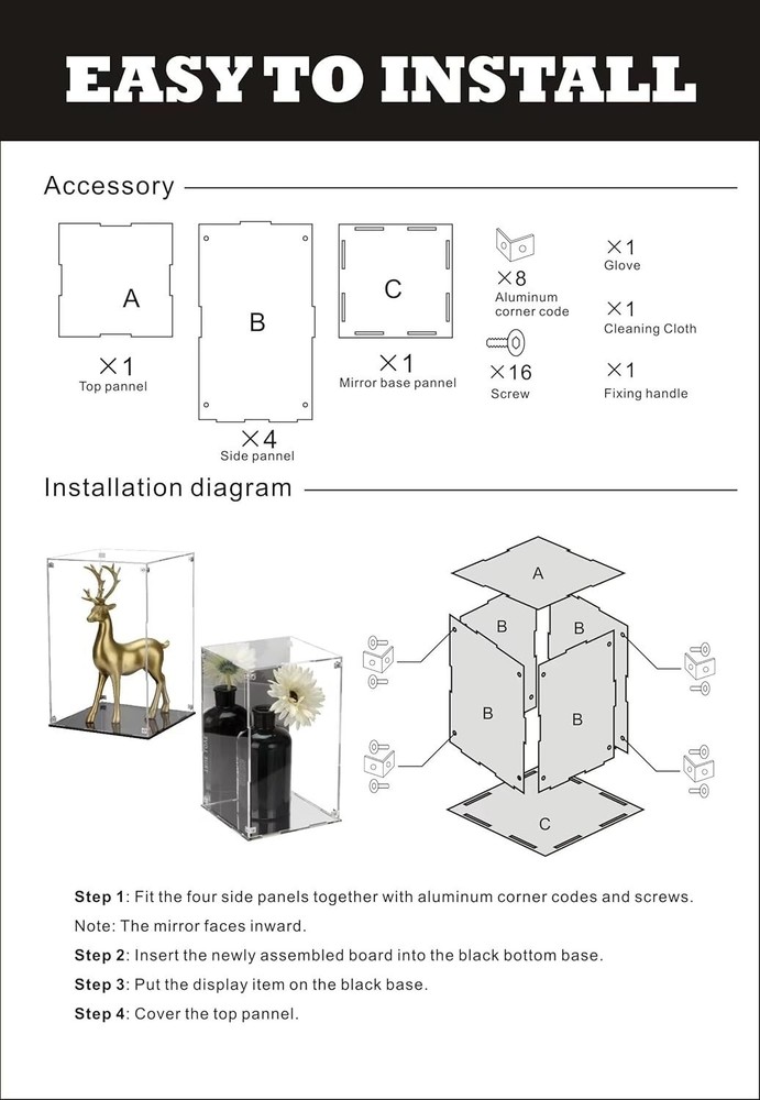 Acrylic Display Case 6x6x10 Mirrored Back & Base Clear Storage Box for Figures