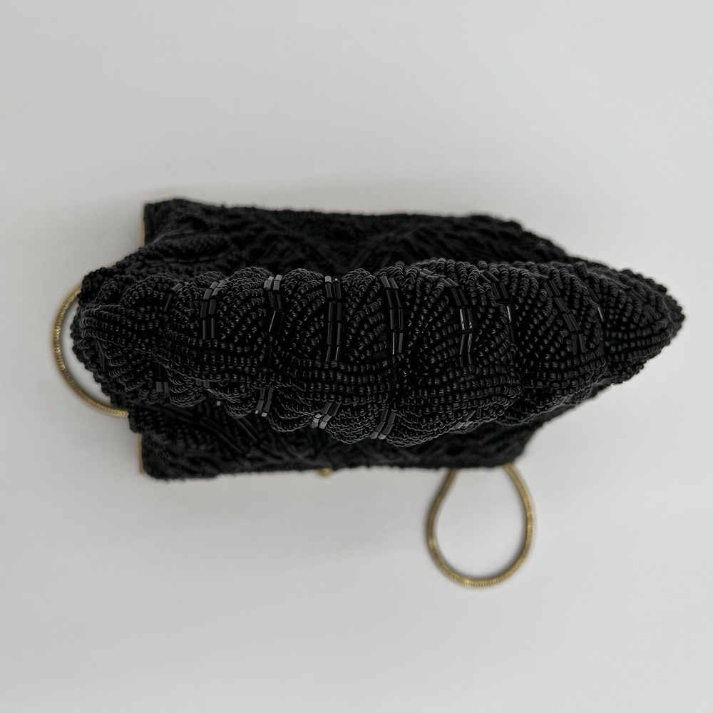 Clam Shell Black Beaded Vintage Clutch with Chain Strap
