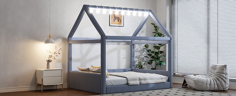 Full Size Upholstered House Daybed with LED Light Strips,Grey