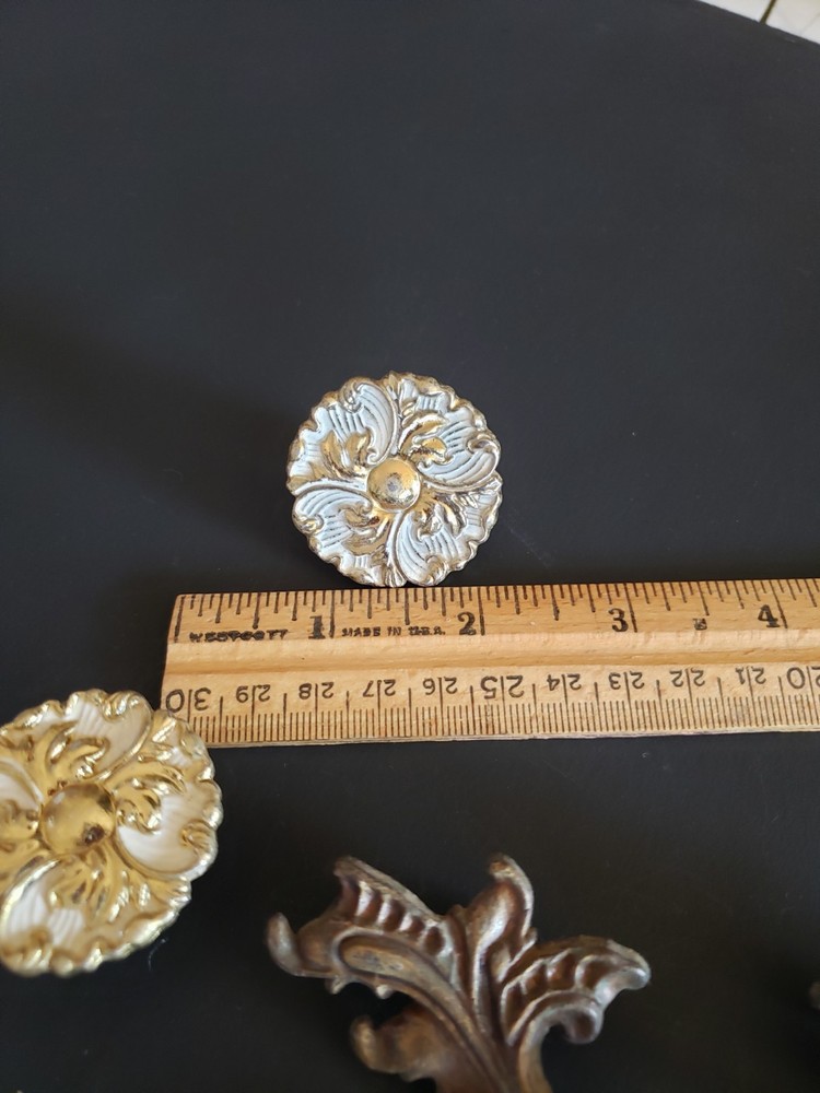 Vintage French Provincial Drawer pulls 6 + 3 matching knobs whitewashed brass