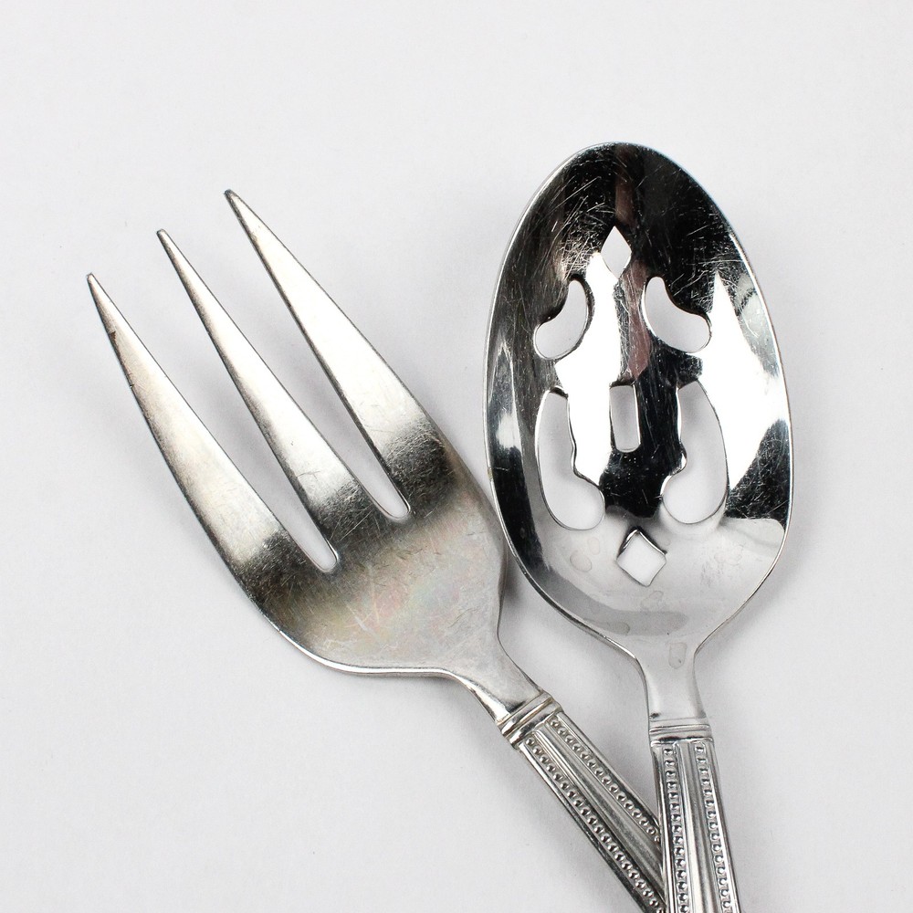 2 Pc Set Pfaltzgraff Miranda Sand Stainless Steel Pierced Serving Spoon & Fork