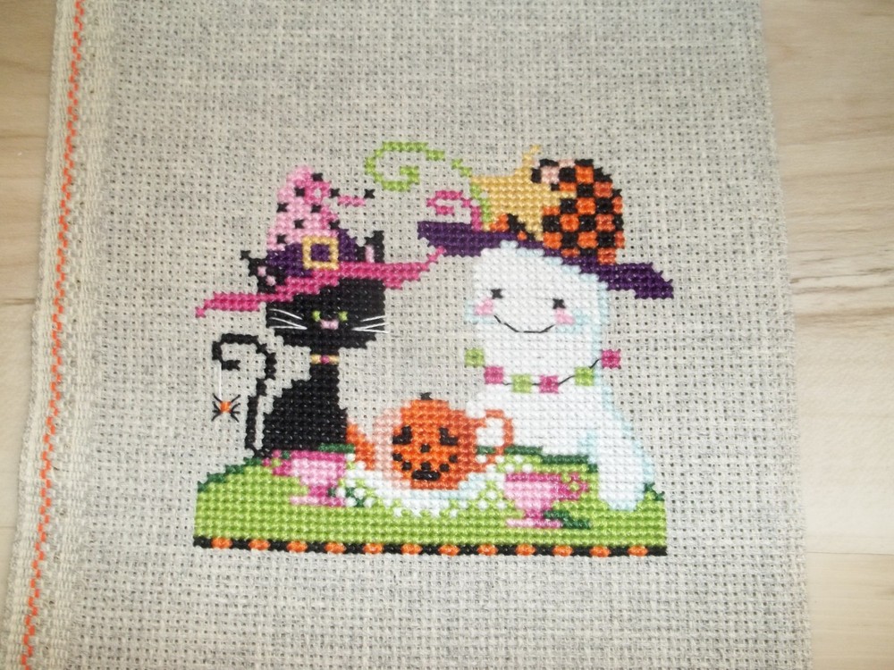 Haunted Tea Party Cross Stitch Completed Cat & Ghost
