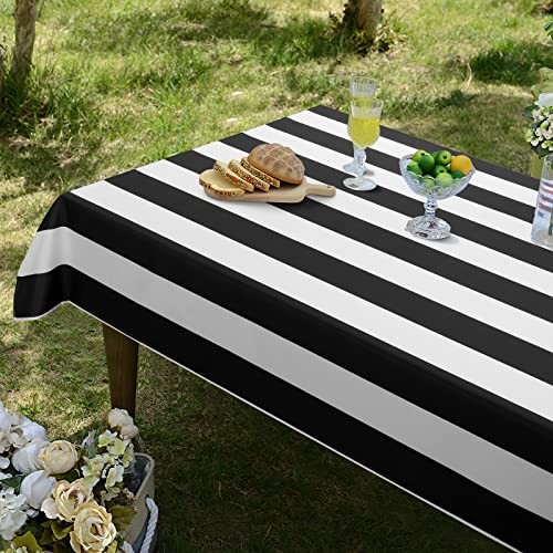 and White Striped Tablecloth for Rectangle 84" x 60" (Rectangular) Black