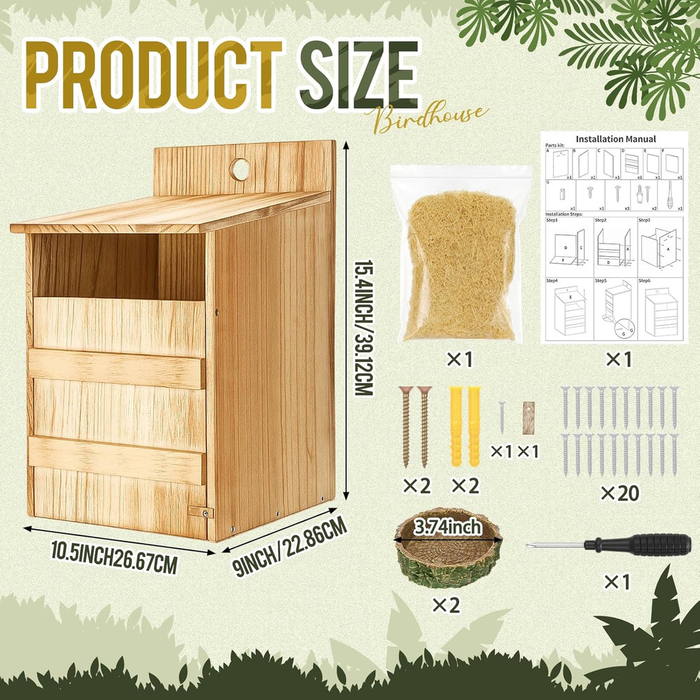 2 Pack Large Wooden Squirrel & Owl House – Outdoor Nesting Box Kit, Easy Assembl