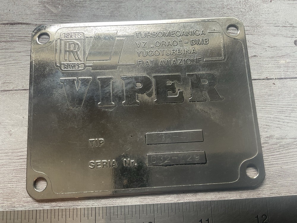 ORIGINAL VINTAGE ROLLS ROYCE VIPER AIRCRAFT ENGINE DATA SPEC NAME PLATE