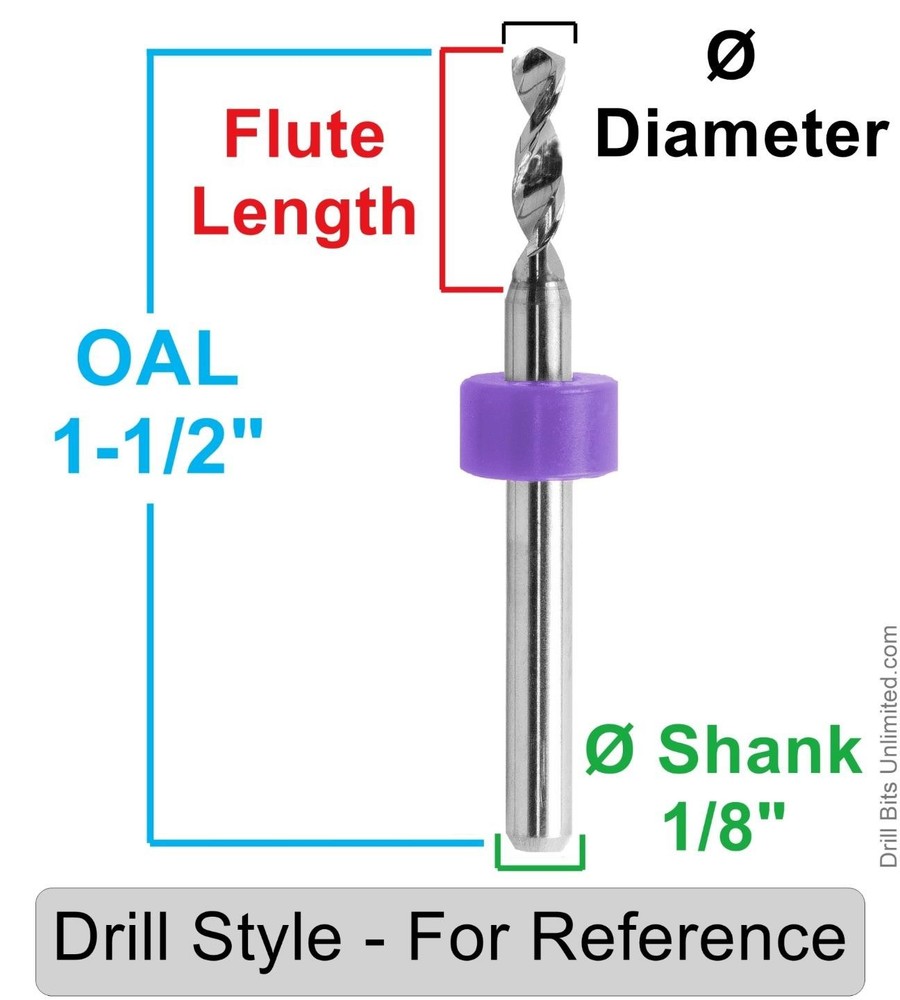 Micro PCB Drill Bits Set 1.65–2.00mm (.065–.0785") Solid Carbide 1/8" Shank
