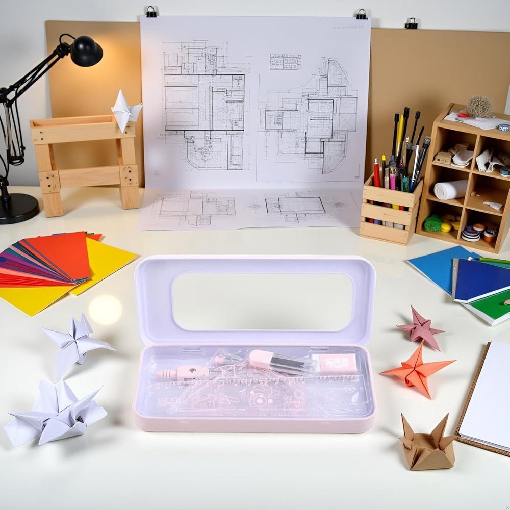 7 Pcs Pink Compass & Protractor Set with Case – Geometry Drafting Tools Kit