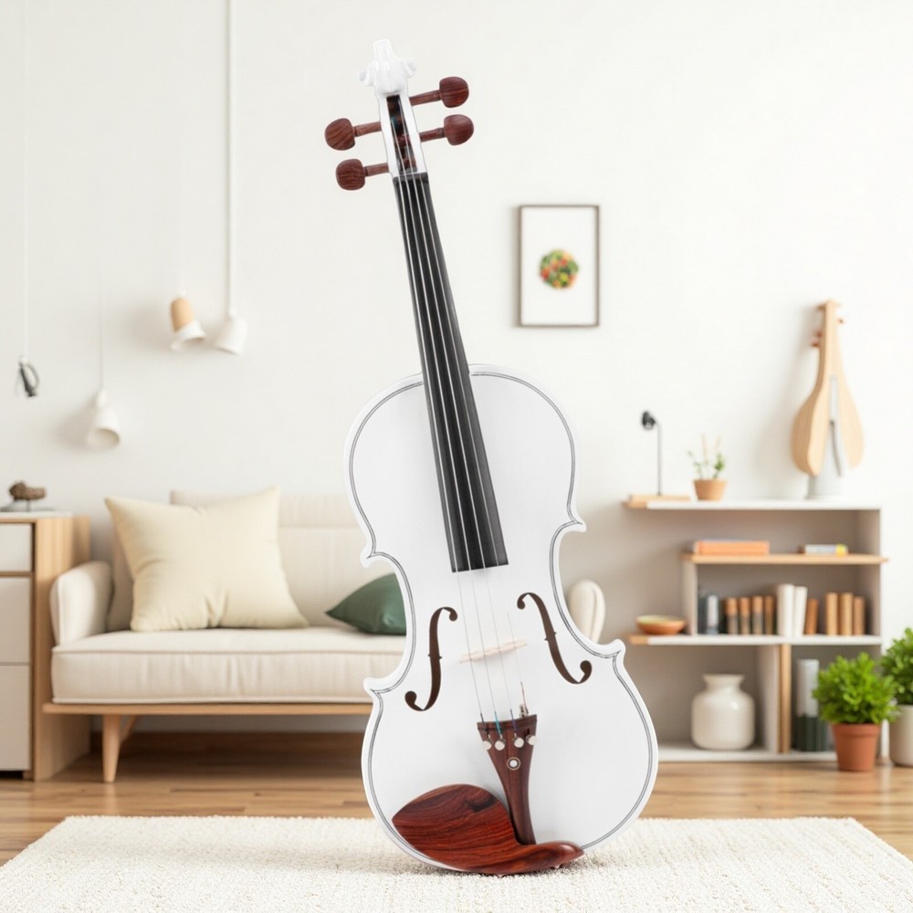 4/4 Solid Spruce Top Acoustic Beginner Violin Set - Tuner, White, Shoulder Rest