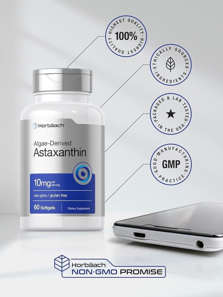 Horb?ach Astaxanthin 10mg | 60 Softgels | Algae Derived Formula | Non-GMO, Glute