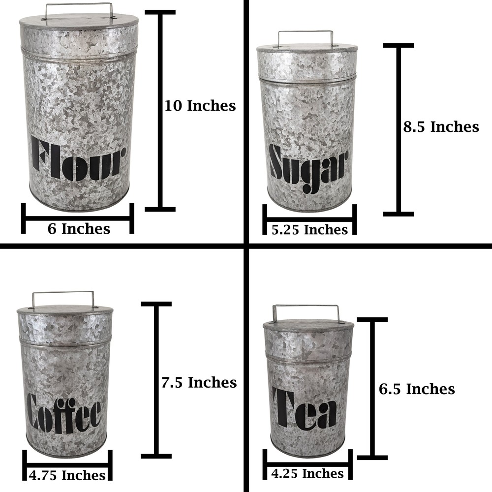 4 Set Galvanized Metal Kitchen Storage Canisters w\ Lids-Labeled w\ diff labels