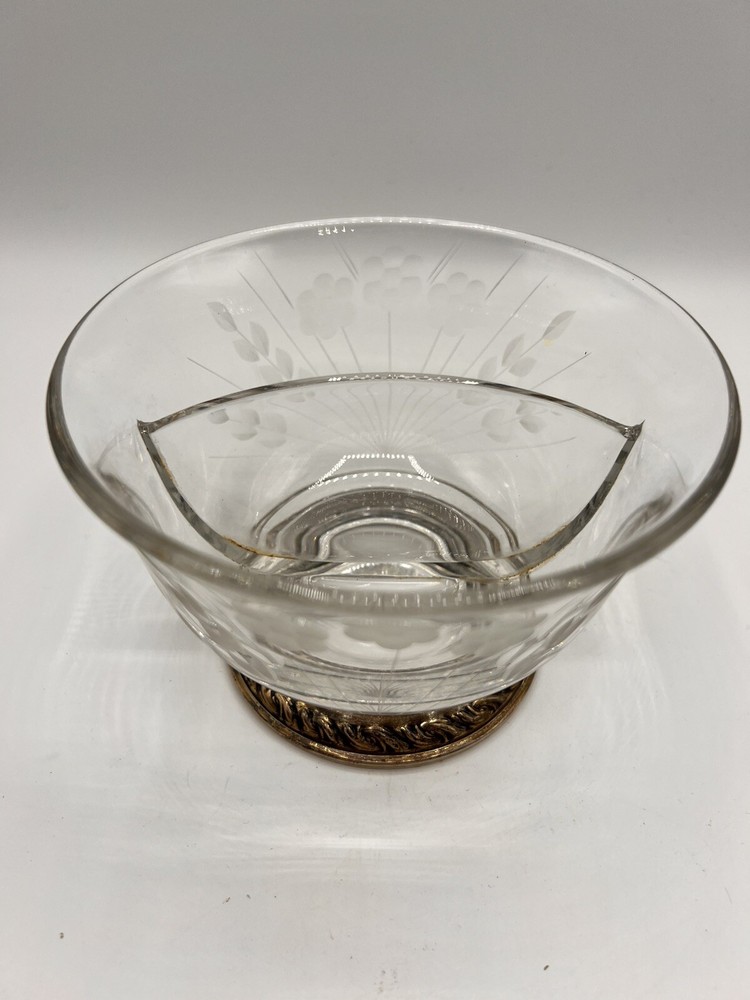 Vintage Etched Divided Glass Crystal Serving Bowl Embossed Sterling Silver Base