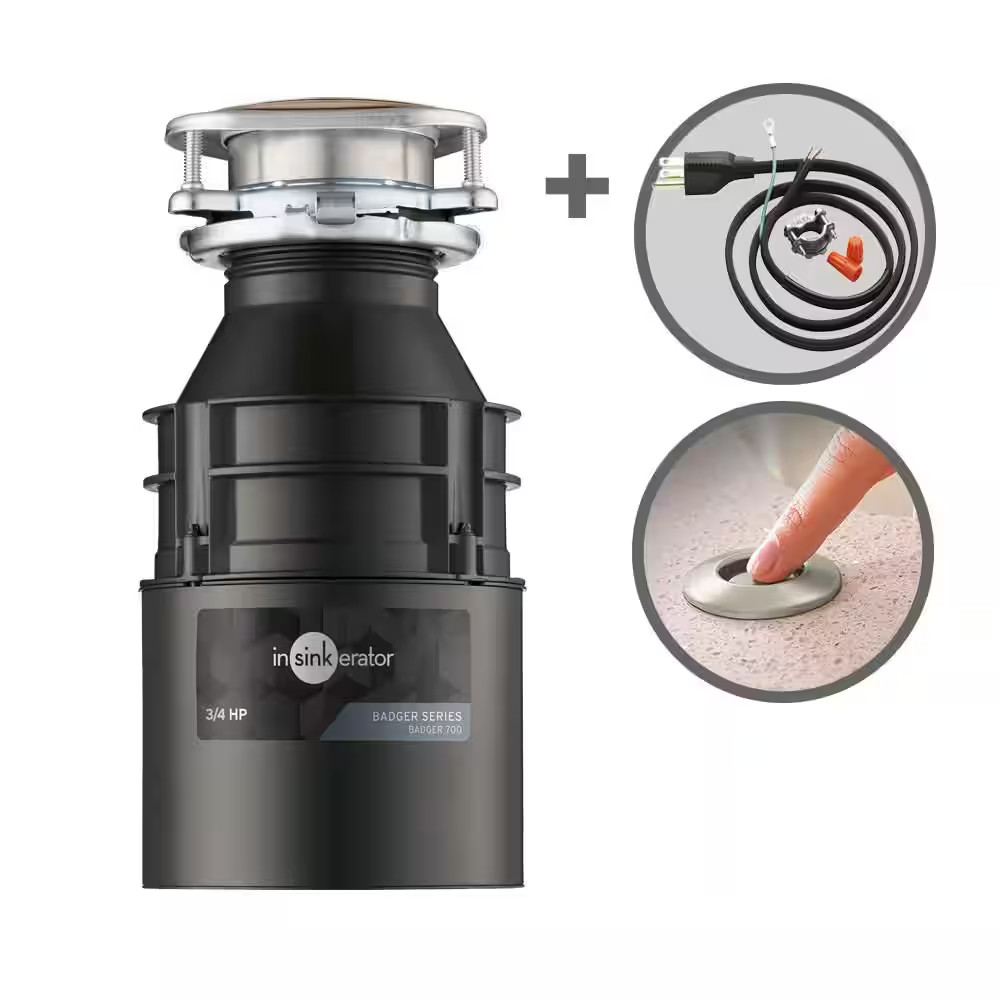 Badger 700, 3/4 HP Continuous Feed Kitchen Garbage Disposal W/ Power Cord and Ai