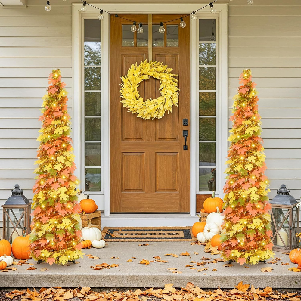 5FT 100 LED Fall Tree Collapsible Autumn Maple Leaf Pop up Tinsel Tree Decor