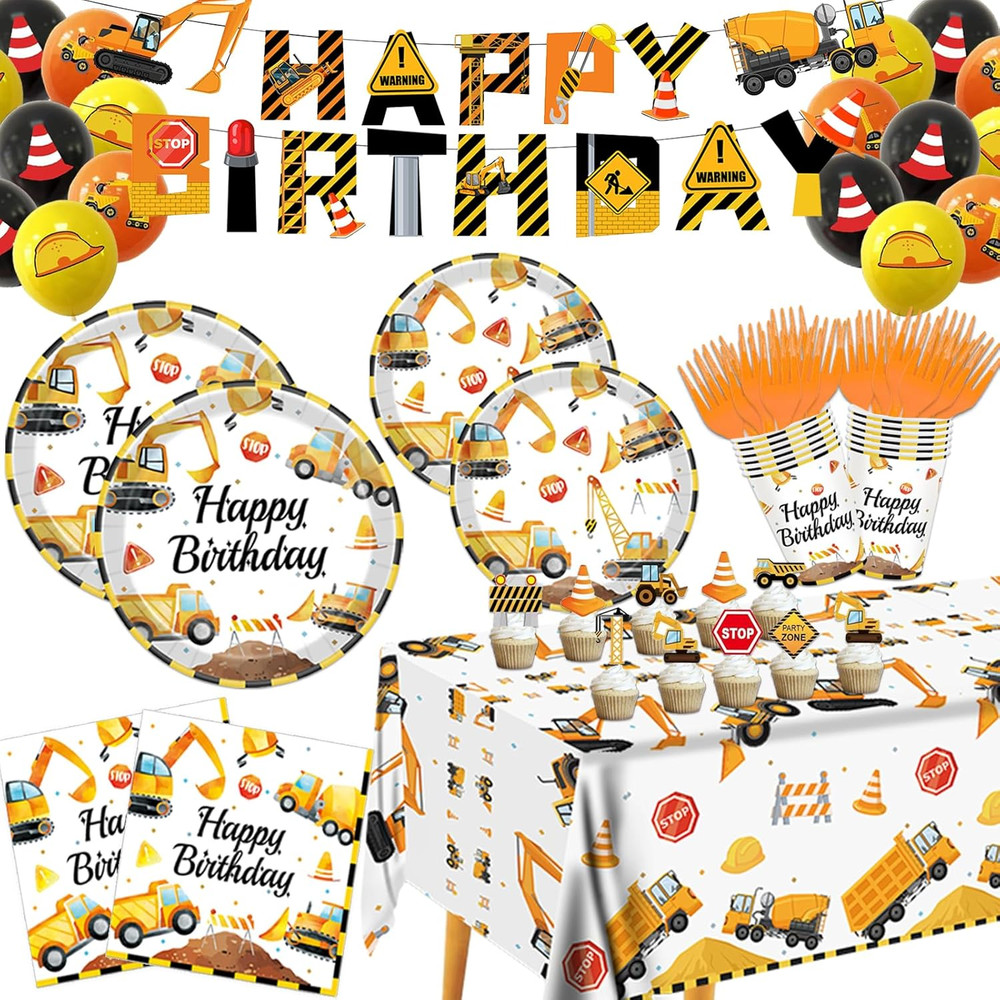 Construction Birthday Party Supplies for 24 Guests - Decorations Include Plates,