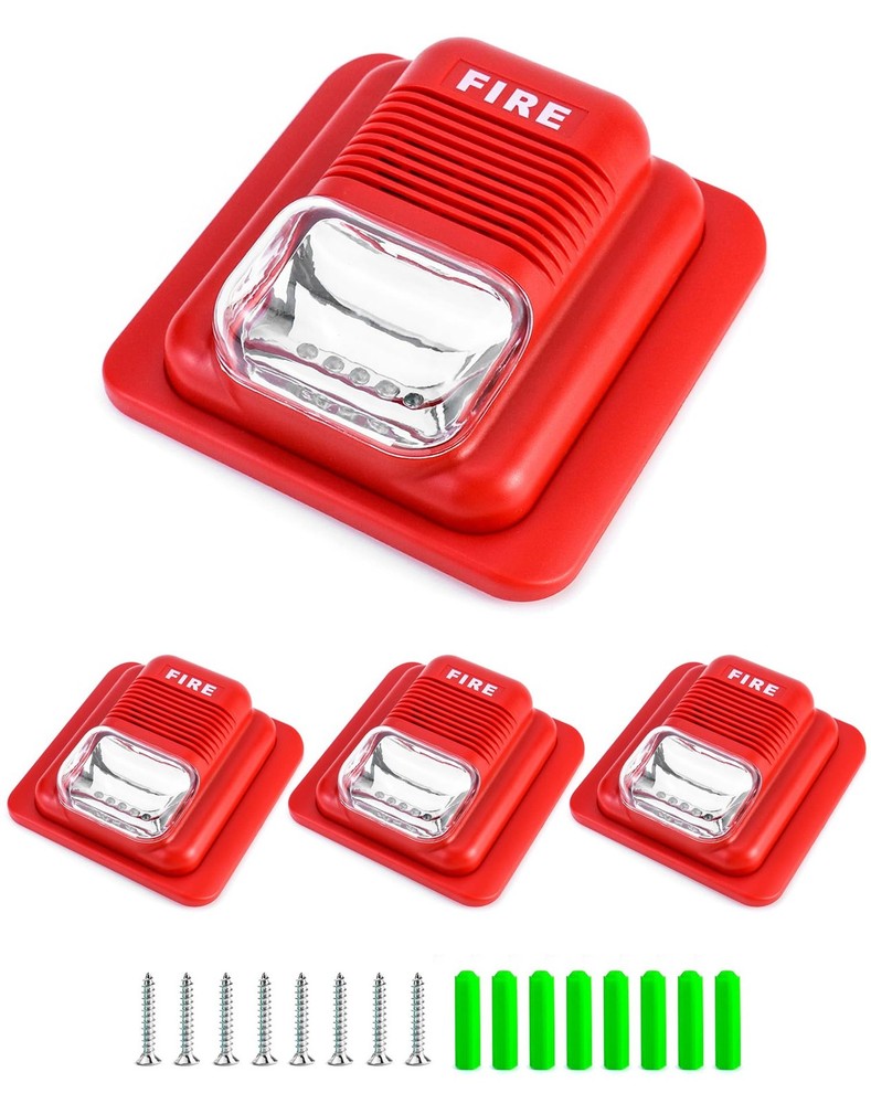 QWORK 4 Pack Wired Sound & Light Fire Alarm Warning Strobe Siren 4 Pack, Red