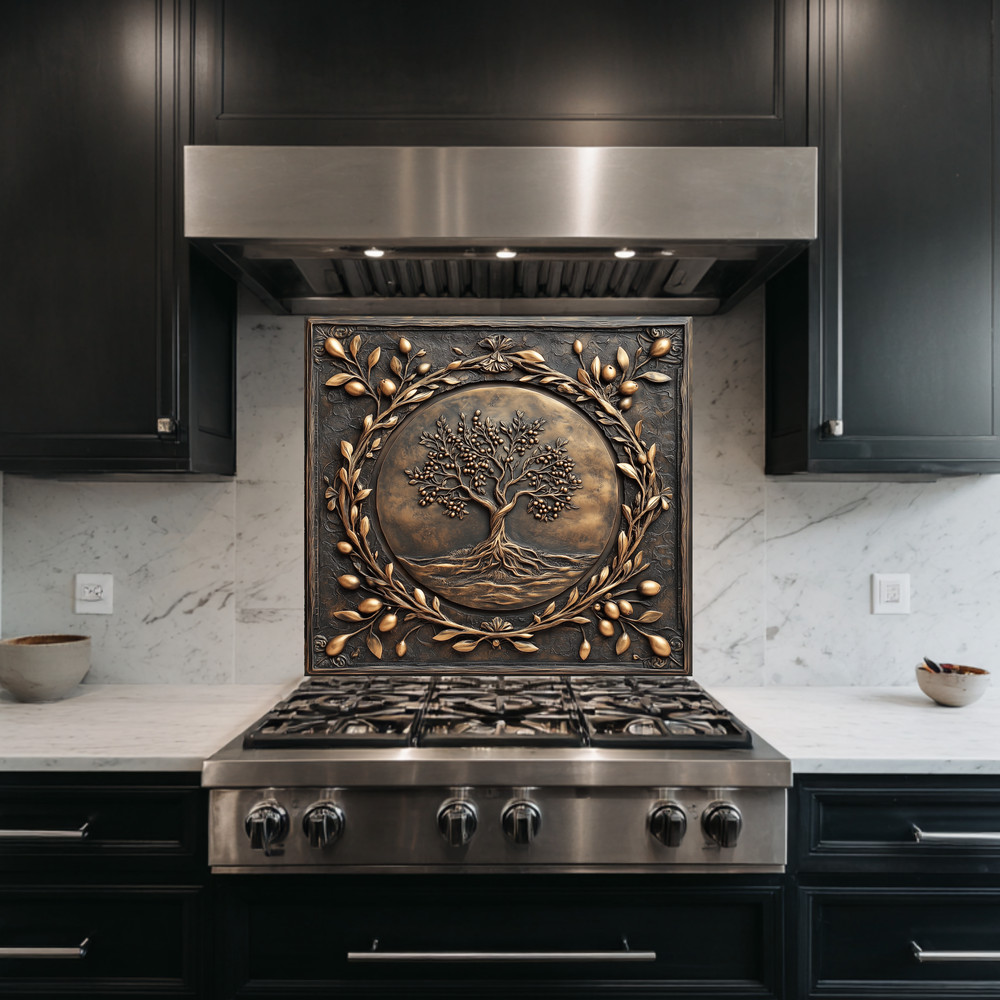 Olive Tree Copper Look Tempered Glass Kitchen Backsplash Panel, Made in USA,