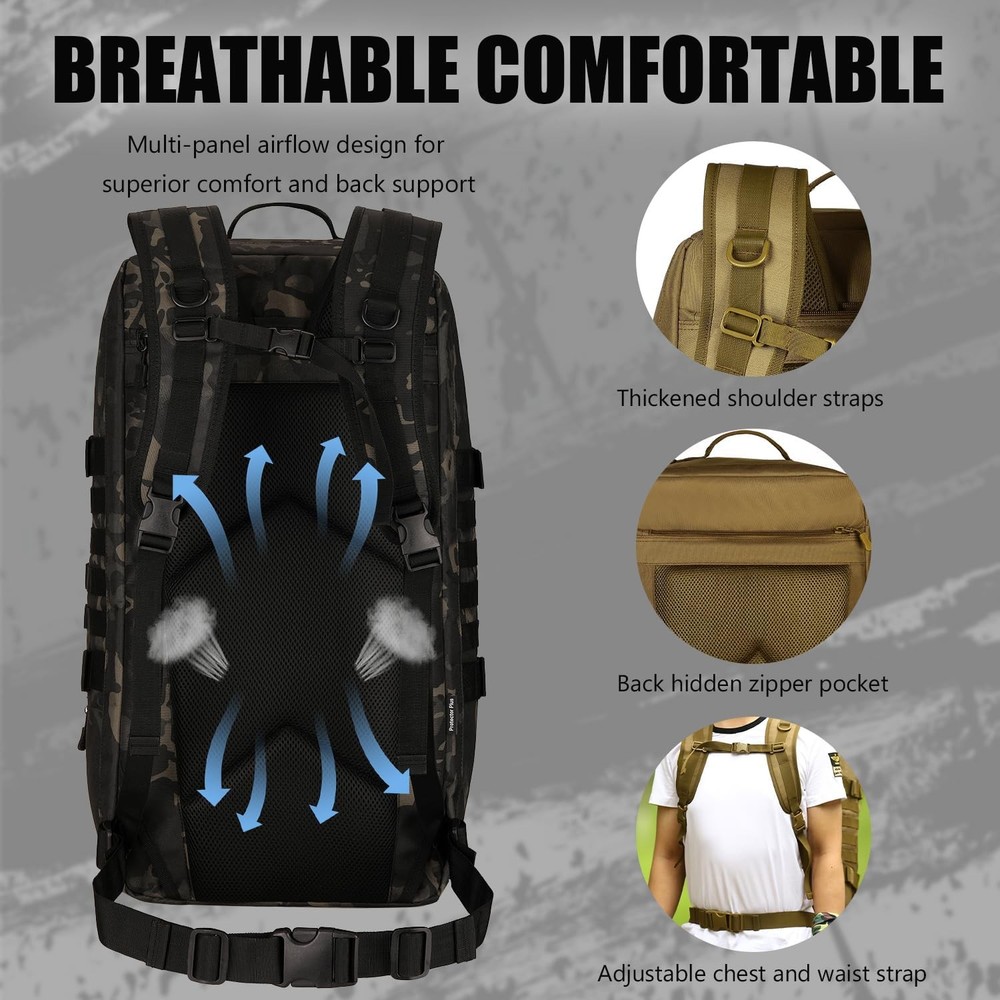 Protector Plus Waterproof Tactical Travel Backpack with 9-Pockets, Black Camo
