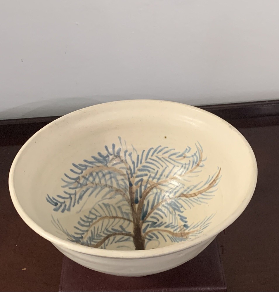 LS Pottery Footed Glazed &painted Tree Bowl 5”H x 8”W