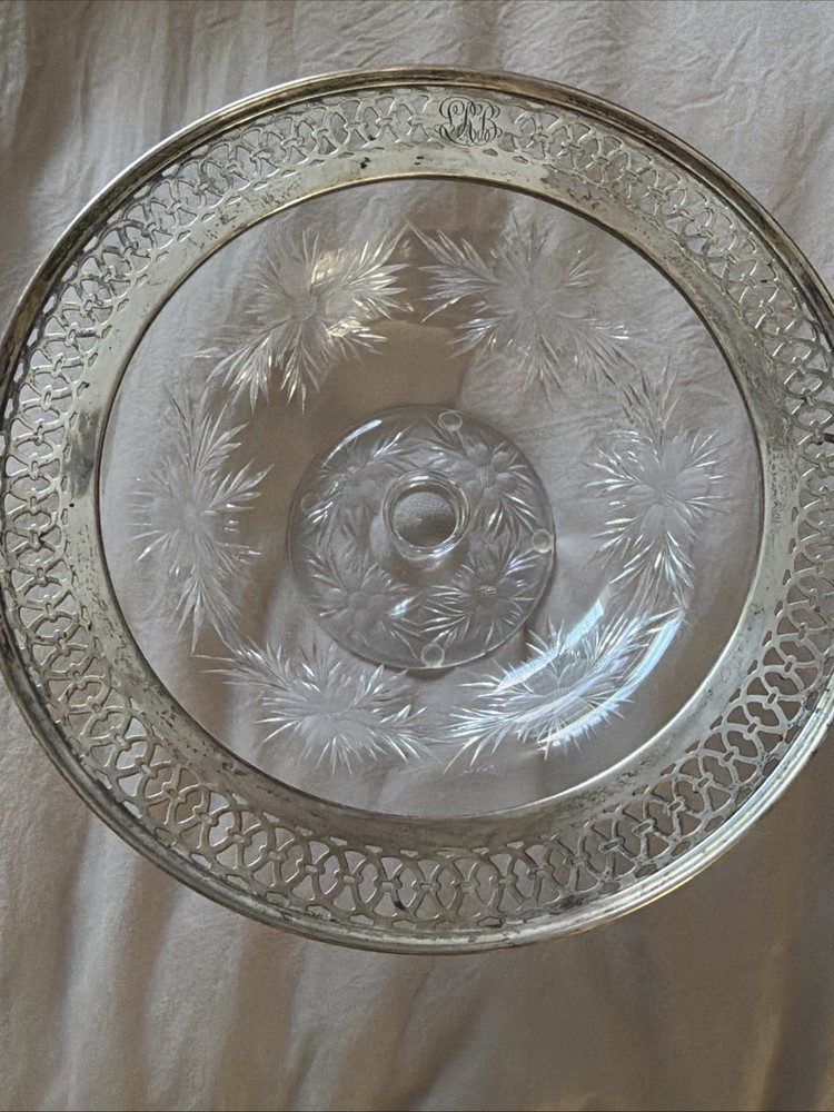 Cut Glass Footed Bowl Openwork Sterling Border 1940 Mono