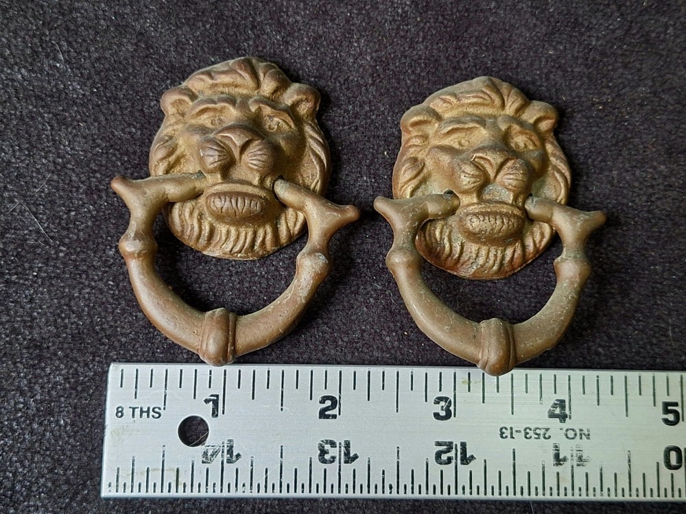 Antique Solid Brass Door Knocker Style Ring Drawer Pull with Lion's Face Pair