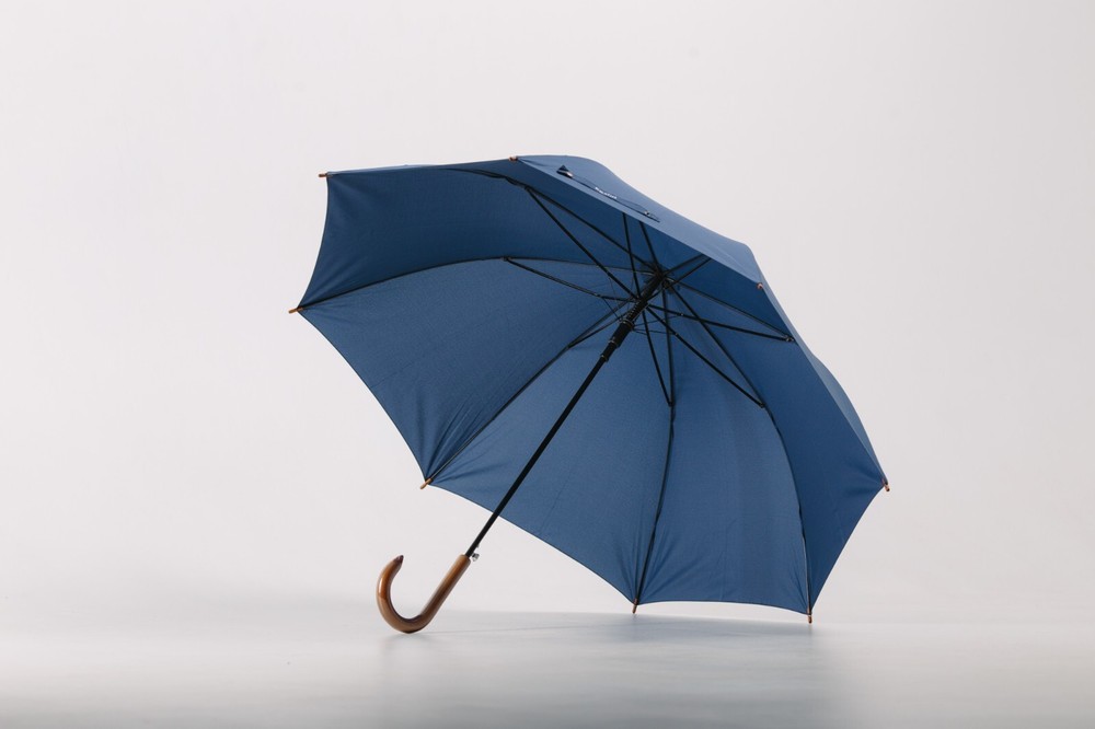 Real Wood Handle Classic Auto Open Stick Umbrella Blue
