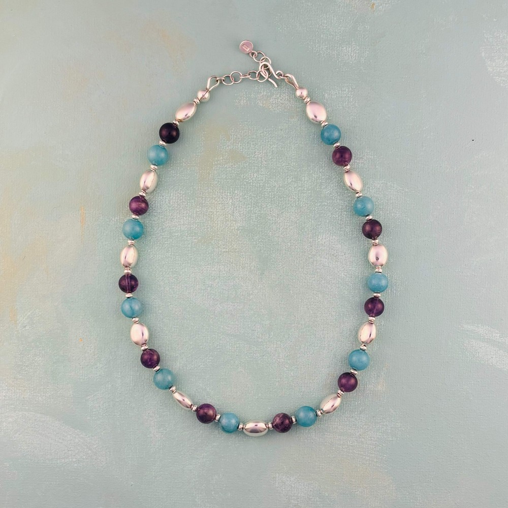Amazonite Amethyst Sterling Silver Beaded Necklace - 20 in
