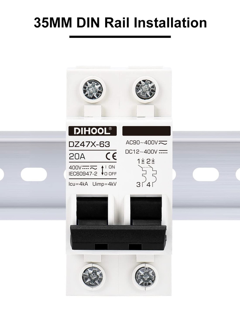 DIHOOL Solar Disconnect Switch, 20 Amp 2 Pole, DIN Rail Mount, Non Polarized, 12
