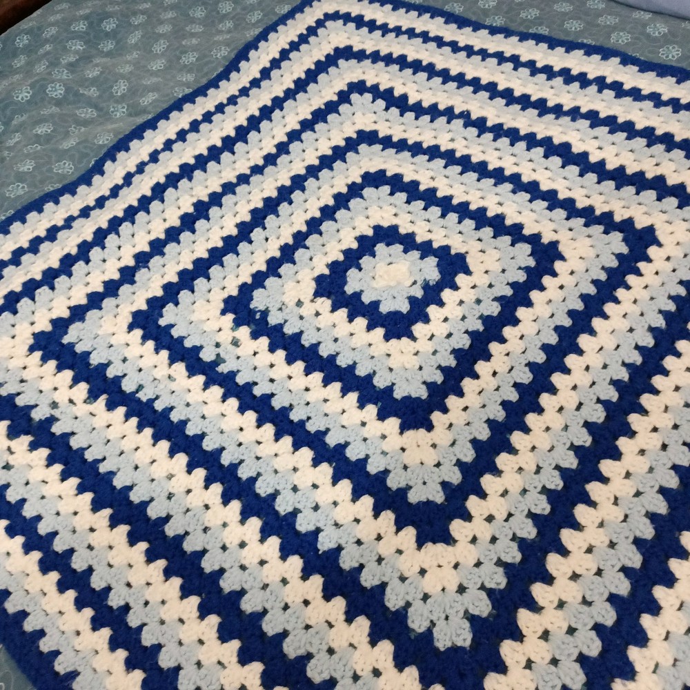 42x40 Crochet Blanket Hand Made With Blue Light Blue White Square Designed