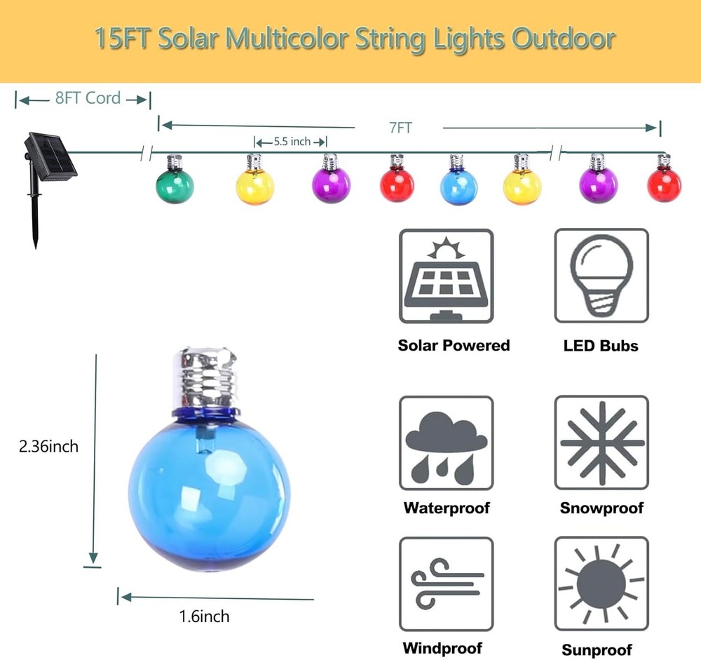 Vigdur Solar String Lights Outdoor, 7Ft Globe Multicolor 1 Pack-Colorful