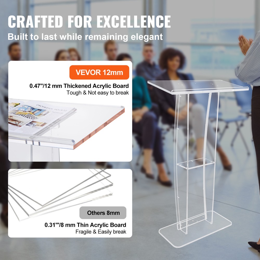 VEVOR Acrylic Podium 47" Acrylic Podium Stand Reading Surface Storage Shelf