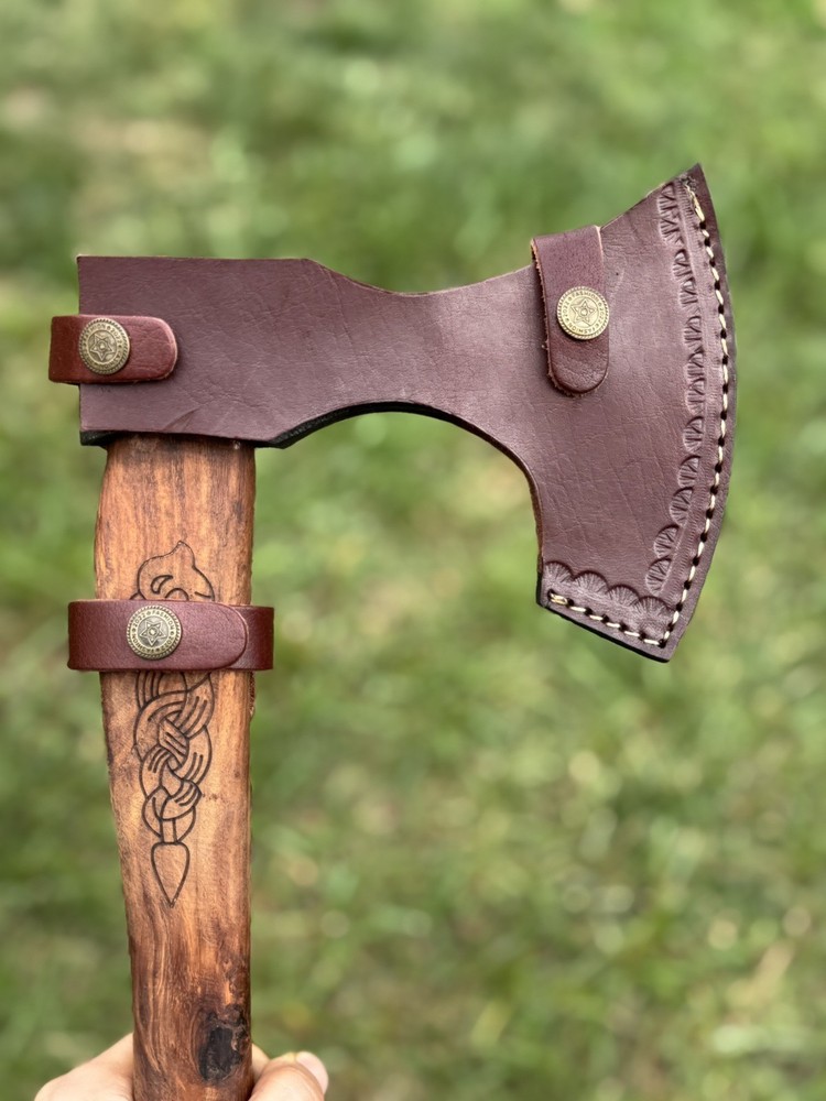 Custom Handmade Carbon Axe Engraved Handle With Leather Sheath
