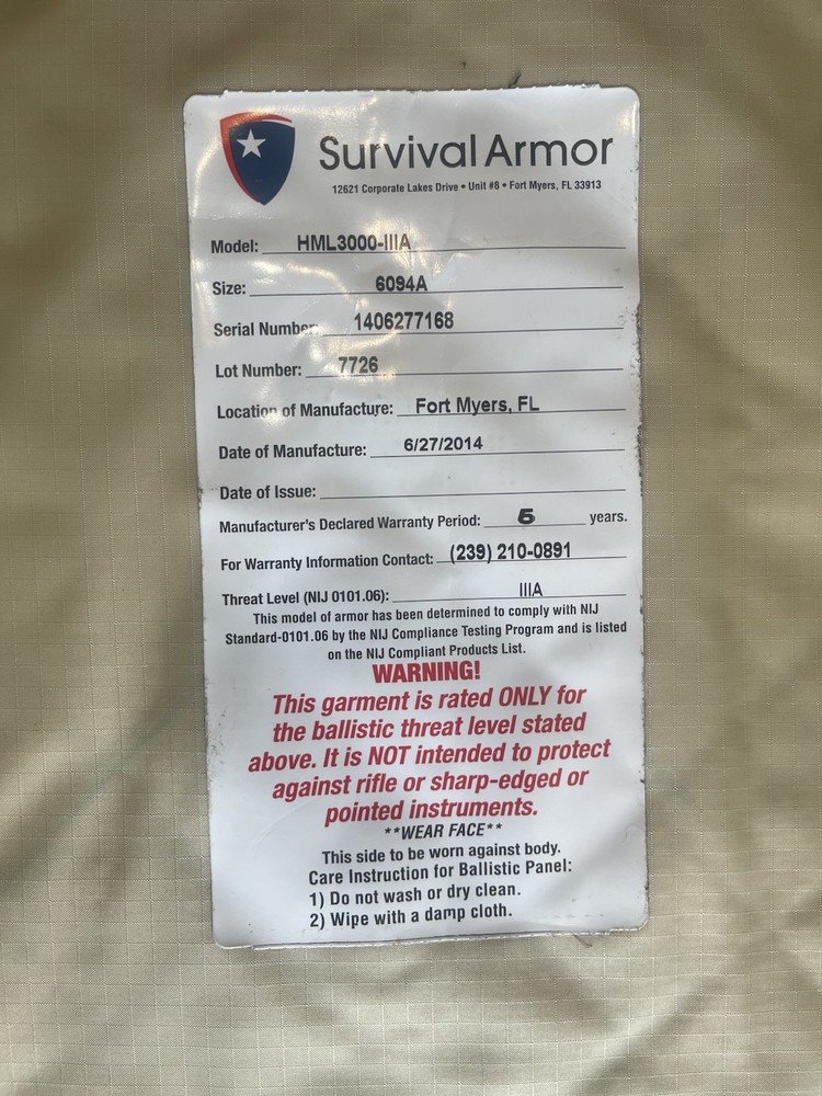 Survival Armor NIJ Level IIIA Soft Armor Set – Medium – Front/Back + Side Panels