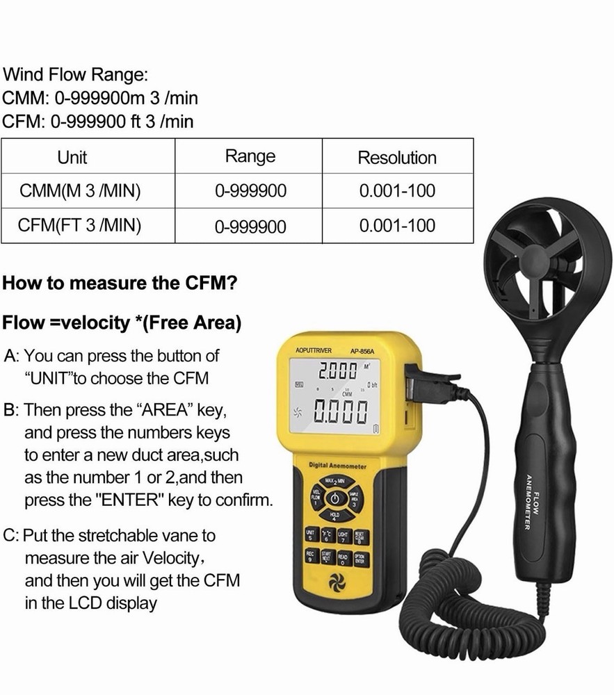 Pro HVAC Anemometer CFM Wind Speed Meter AP-856A USB Data Export