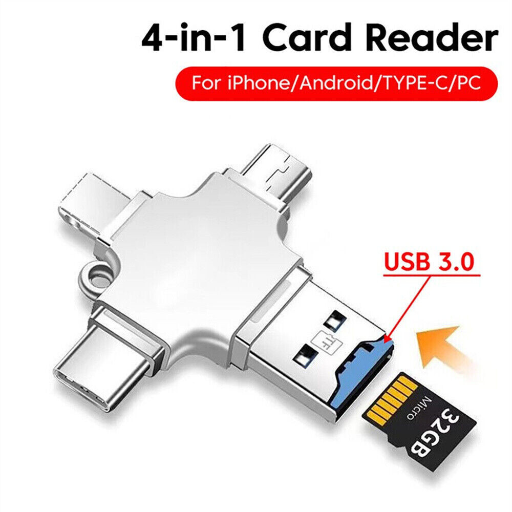 4 In 1 iOS Micro USB Type-C Micro TF Card Reader OTG for Android iPhone PC New🎯