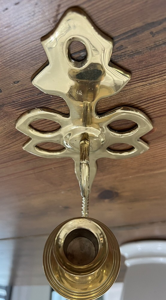vintage mcm brass scroll candle sconces set (2) 9” tall