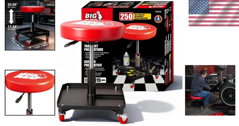 Comfortable Garage Rolling Seat with Tool Tray - Pneumatic Height Adjustable