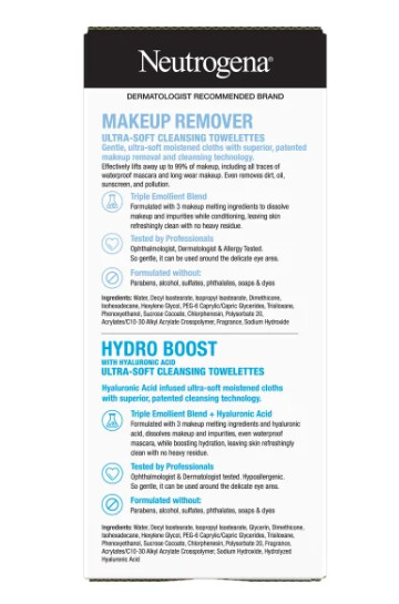 Neutrogena Makeup Remover &Hydro Boost Plant-Based Cleansing (125 count)